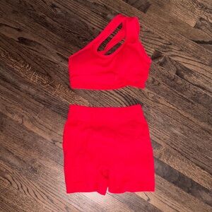 Red One-Shoulder Sports Bra and Shorts Set